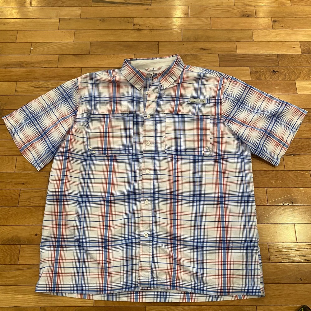 Habit Mens XL Fishing Shirt Short Sleeve Plaid‎ Blue Red UPF 40+ Ventilated Back